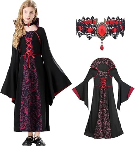 XLKJLI Vampir Kostüm Mädchen Halloween Mädchen Vampir Kostüm Halloween Kinder Mädchen Gothic Vampir Kleid mit Halskette für Halloween Karneval Mottoparty (S) von XLKJLI
