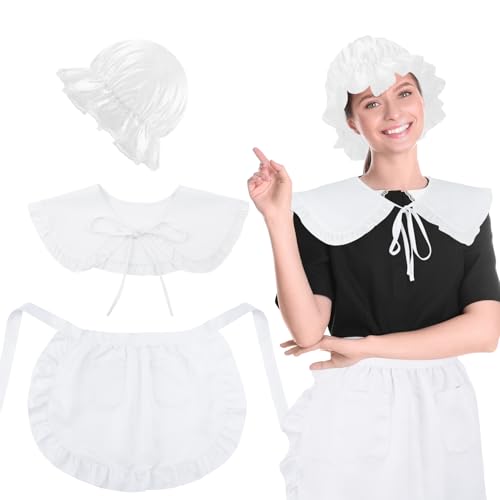 XLSXEXCL 3-teiliges Halloween-Kostüm-Set, Kolonial-Kostüm-Set, weiße Kolonialhaube, gefälschter Puppenkragen, Taillenschürze mit Taschen, Pilger-Kostüm-Zubehör für Halloween, Cosplay, Dienstmädchen XLSXEXCL 3-teiliges Halloween-Kostüm-Set, Kolonial-Kostüm-Set, weiße Kolonialhaube, gefälschter Puppenkragen, Taillenschürze mit Taschen, Pilger-Kostüm-Zubehör für Halloween, Cosplay, Dienstmädchen von XLSXEXCL