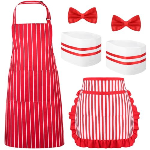 XLSXEXCL 6-teiliges 1950er-Jahre-Kellnerpa-Kostüm-Set, Hotdog-Popcorn-Kostüm, Soda Jerk-Kostüm, rot und weiß gestreifte Schürze, Kochmütze, rote Fliegen, verstellbar, für Paare, 50er-Jahre-Kostüm XLSXEXCL 6-teiliges 1950er-Jahre-Kellnerpa-Kostüm-Set, Hotdog-Popcorn-Kostüm, Soda Jerk-Kostüm, rot und weiß gestreifte Schürze, Kochmütze, rote Fliegen, verstellbar, für Paare, 50er-Jahre-Kostüm von XLSXEXCL