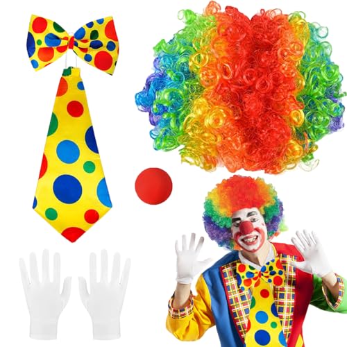 4 Stück Clown Kostüm Accessoire, Clown Kostüm Set, Clown Lockenperücke + Clownsnase + Bunte Krawatte + Handschuhe, Clown Kostümzubehör für Frauen Männer Karneval Cosplay Zirkus Party Requisiten von XLZJYIJ