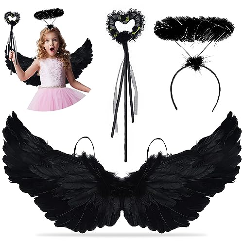 EngelFlügel Schwarz, 3 Stück Schwarz Federnflüge mit Heiligenschein und Zauberstab, 60 cm Teufel Flügel Kinder, Engel Flügel Kostüm für Cosplay Karneval Halloween Party Fasching Kostüme EngelFlügel Schwarz, 3 Stück Schwarz Federnflüge mit Heiligenschein und Zauberstab, 60 cm Teufel Flügel Kinder, Engel Flügel Kostüm für Cosplay Karneval Halloween Party Fasching Kostüme von XLZJYIJ