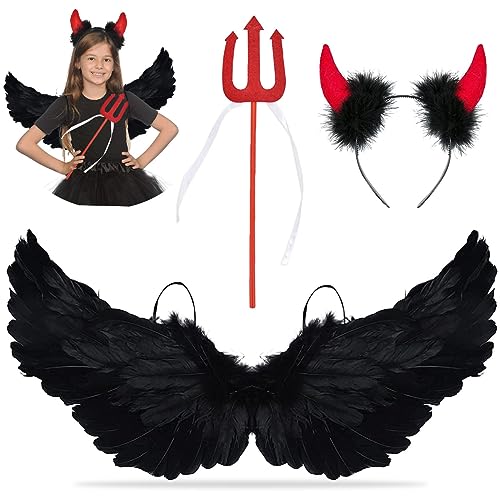 Engelflügel Schwarz, 3 Stück Teufel Federnflüge mit Teufel Horn und Rot Heugabel, 60 cm Teufel Flügel Kinder, Engel Flügel Kostüm für Cosplay Karneval Halloween Party Fasching Kostüme von XLZJYIJ