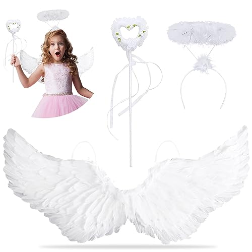 Engelflügel Weiß, 3 Stück Weiß Federnflügel mit Heiligenschein und Zauberstab,60 cm Weiß Engel Kostüm Set, Engel Flügel Kinder für Cosplay Karneval Halloween Party Fasching Kostüme von XLZJYIJ
