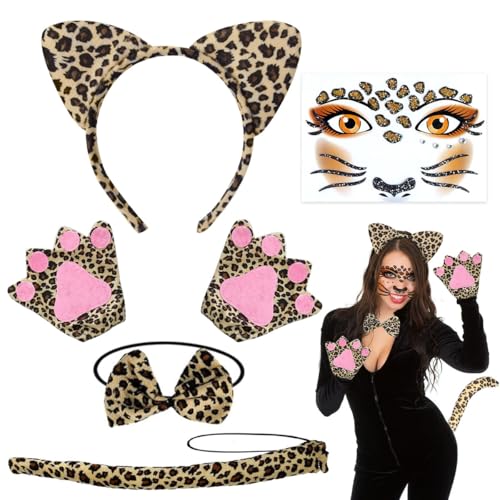 Leoparden Kostüm Set, Leoparden Kostüm Damen, Leoparden Katzenohren Handschuhe Schwanz Und Fliege, Leopard Gesicht Kunst Aufkleber, Ohren Stirnband Set für Karneval Dschungel Party Maskerade Fasching Leoparden Kostüm Set, Leoparden Kostüm Damen, Leoparden Katzenohren Handschuhe Schwanz Und Fliege, Leopard Gesicht Kunst Aufkleber, Ohren Stirnband Set für Karneval Dschungel Party Maskerade Fasching von XLZJYIJ