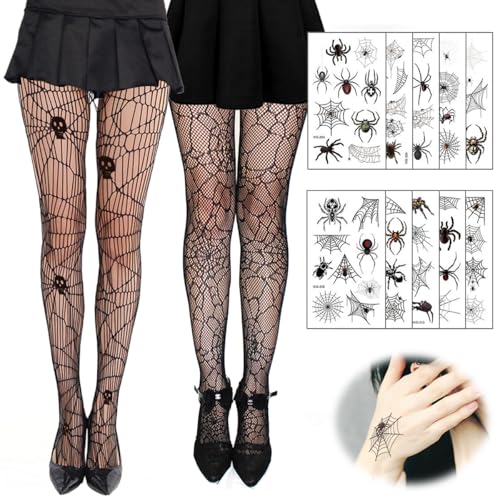 Netzstrumpfhose Schwarz Halloween, 2 Paar Netzstrumpfhose Totenkopf Spinnen mit 10 Blätter Spinne Gesichtstattoos, Schwarze Spinnennetz Strumpfhose für Halloween - Halloween Spinnenkostüm Damen Netzstrumpfhose Schwarz Halloween, 2 Paar Netzstrumpfhose Totenkopf Spinnen mit 10 Blätter Spinne Gesichtstattoos, Schwarze Spinnennetz Strumpfhose für Halloween - Halloween Spinnenkostüm Damen von XLZJYIJ