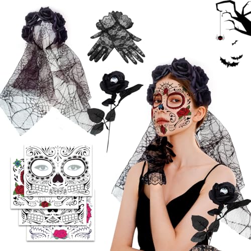XLZJYIJ Tag der Toten Haarreif Halloween, Tag der Toten Schleier mit Halloween Gesicht Tattoos Blumen Rose Spitzenhandschuhe, Mexikanische Stirnband Rosen, Kopfschmuck Halloween Damen XLZJYIJ Tag der Toten Haarreif Halloween, Tag der Toten Schleier mit Halloween Gesicht Tattoos Blumen Rose Spitzenhandschuhe, Mexikanische Stirnband Rosen, Kopfschmuck Halloween Damen von XLZJYIJ