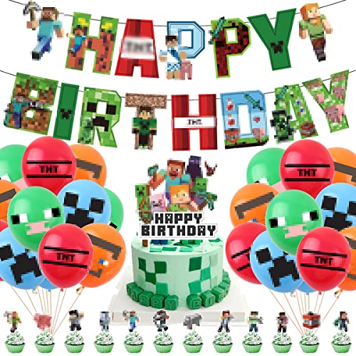 Miner Gamer Thema Party Dekoration, Geburtstagsdekoration Ballon-Set, Enthält Alles Gute zum Geburtstag-Banner, Cake Topper und Bunte Luftballons, für Gamer Geburtstagsdeko von XLZJYIJ