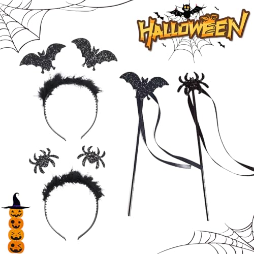 XLZJYIJ 4 PCS Halloween Haarreif Set, Halloween Spinnen Stirnband und Fledermaus Haarband mit Zauberstab, Halloween Spinnen Stirnband mit Plüsch & Glitzereffekt für Halloween Karneval Kostüm Party XLZJYIJ 4 PCS Halloween Haarreif Set, Halloween Spinnen Stirnband und Fledermaus Haarband mit Zauberstab, Halloween Spinnen Stirnband mit Plüsch & Glitzereffekt für Halloween Karneval Kostüm Party von XLZJYIJ