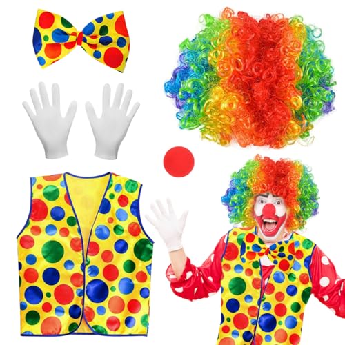 XLZJYIJ 5 Stück Clown Kostüm Accessoire, Clown Kostüm Set, Clown Kleidung + Clown Lockenperücke + Clownsnase + Bunte Krawatte + Handschuhe, Clown Kostüm Erwachsene Set für Karneval Zirkus Requisiten XLZJYIJ 5 Stück Clown Kostüm Accessoire, Clown Kostüm Set, Clown Kleidung + Clown Lockenperücke + Clownsnase + Bunte Krawatte + Handschuhe, Clown Kostüm Erwachsene Set für Karneval Zirkus Requisiten von XLZJYIJ