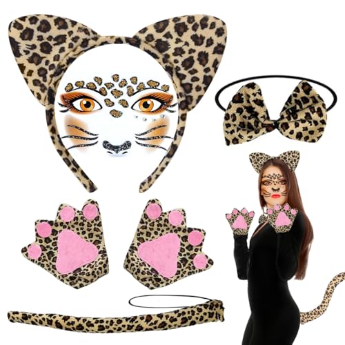 XLZJYIJ Leopard Kostüm Set, 5 Stück Leoparden Ohren Stirnband Set, Leopard Gesicht Kunst Aufkleber, Leoparden ohren Haarreif, Handschuhe, Schwanz, Fliege, für Karneval Party Dekoration Zubehör XLZJYIJ Leopard Kostüm Set, 5 Stück Leoparden Ohren Stirnband Set, Leopard Gesicht Kunst Aufkleber, Leoparden ohren Haarreif, Handschuhe, Schwanz, Fliege, für Karneval Party Dekoration Zubehör von XLZJYIJ