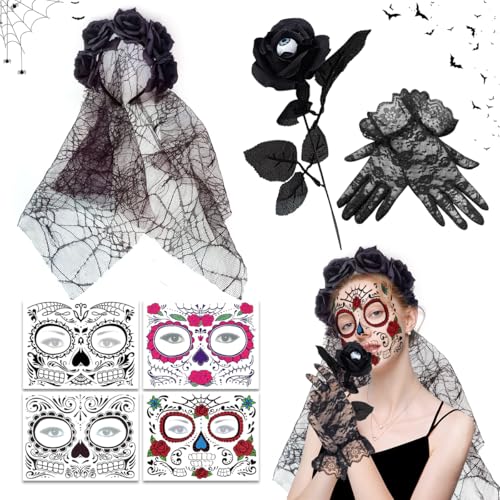 XLZJYIJ Halloween Kostüm Damen Dia de Los Muertos Haarreif Mit Schleier, Kopfschmuck Haarband Mit Tag Der Toten Künstliche Blumen Rose, Spitzenhandschuhe, Gesicht Tattoos XLZJYIJ Halloween Kostüm Damen Dia de Los Muertos Haarreif Mit Schleier, Kopfschmuck Haarband Mit Tag Der Toten Künstliche Blumen Rose, Spitzenhandschuhe, Gesicht Tattoos von XLZJYIJ