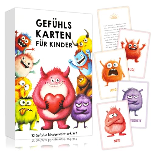 Gefühlskarten für Kinder, 32 Emotionskarten für Kinder, Gefühlsmonster Karten Erklärungstexte, Kartenspiel für Gefühlsstarke Kind Ab 5 Jahren, Sozial-emotionale Entwicklung Fördern von XLZJYIJ