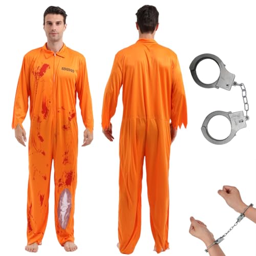 XLZJYIJ Häftling Kostüm Herren mit Handschellen, Orange GefäNgnis Kostüm mit Blut, Sträfling Kostüm, Orangener Overall, Gefangenenkostüm Karneval Cosplay für Sträflinge, Gefangene, Räuber - Größe L von XLZJYIJ