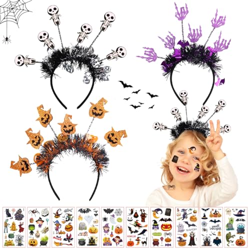 XLZJYIJ Halloween Haarreif Set, Halloween Kopfbedeckungen mit Halloween Tattoo Aufkleber, Halloween Skelett Stirnband Kürbis Kopfschmuck Stirnband Skelett Hand Haarbänder für Halloween Party Cosplay XLZJYIJ Halloween Haarreif Set, Halloween Kopfbedeckungen mit Halloween Tattoo Aufkleber, Halloween Skelett Stirnband Kürbis Kopfschmuck Stirnband Skelett Hand Haarbänder für Halloween Party Cosplay von XLZJYIJ