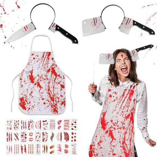 XLZJYIJ Halloween Kostüm Metzger, Halloween Schlächter Kostüm mit halloween Horror Stirnband und Zombie Scars Tattoos Aufkleber, Blutige Schürze halloween, Schlächter kostüm für Damen Herren XLZJYIJ Halloween Kostüm Metzger, Halloween Schlächter Kostüm mit halloween Horror Stirnband und Zombie Scars Tattoos Aufkleber, Blutige Schürze halloween, Schlächter kostüm für Damen Herren von EMMEXX