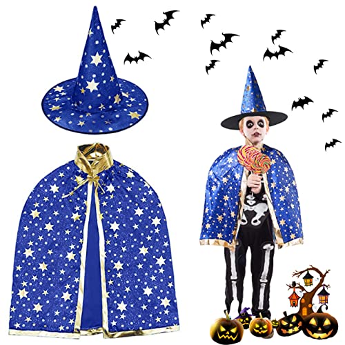 XLZJYIJ Kinder Halloween Kostüm, Zauberer kostüm kinder, Zauberer Mantel, Kinder Zauberer verkleiden, Wizard Cape Witch Umhang mit Hut, Zauberer Mantel mit Requisiten für Cosplay Party von XLZJYIJ