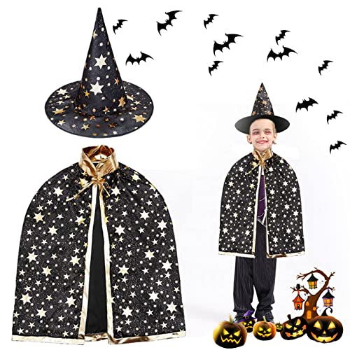 XLZJYIJ Kinder Halloween Kostüm, Zauberer kostüm kinder, Zauberer Mantel, Kinder Zauberer verkleiden, Wizard Cape Witch Umhang mit Hut, Zauberer Mantel mit Requisiten für Cosplay Party von XLZJYIJ