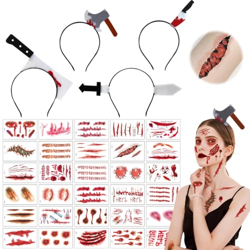 XLZJYIJ 4 Stück Halloween Horror Haarreif, Halloween Grusel Accessoires mit 30 Halloween Tattoo Narben, Horror Haarreif Set, Halloween Messer Haarband für Fasching Karneval Kostüm Party Cosplay XLZJYIJ 4 Stück Halloween Horror Haarreif, Halloween Grusel Accessoires mit 30 Halloween Tattoo Narben, Horror Haarreif Set, Halloween Messer Haarband für Fasching Karneval Kostüm Party Cosplay von XLZJYIJ