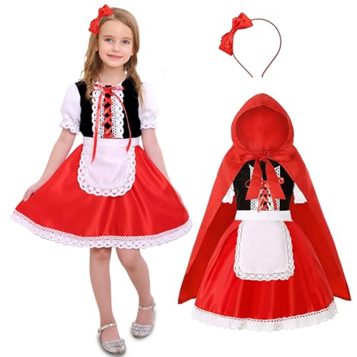 XLZJYIJ Rotkäppchen Kostüm Kinder, Rot Kostüm Mädchen, Rot Umhang Kleid Kinder mit Rot Umhang, Headband, Kürbisbeutel, Schürze für Karneval Halloween Cosplay Mottoparty von XLZJYIJ
