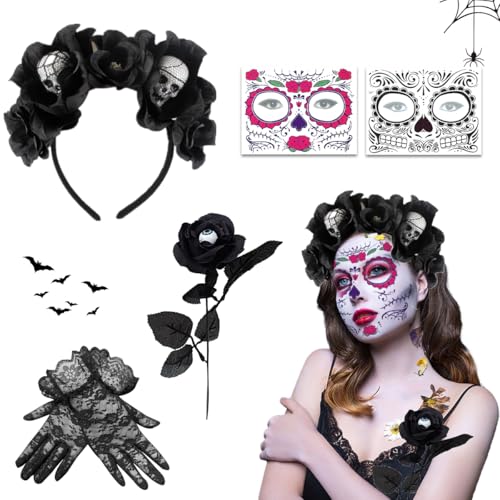 XLZJYIJ Tag der Toten Haarreif Karneval, Dia de Los Muertos Stirnband mit Karneval Gesicht Tattoos Blumen Rose Spitzenhandschuhe, Mexikanische Stirnband Rosen, Kopfschmuck Karneval Damen XLZJYIJ Tag der Toten Haarreif Karneval, Dia de Los Muertos Stirnband mit Karneval Gesicht Tattoos Blumen Rose Spitzenhandschuhe, Mexikanische Stirnband Rosen, Kopfschmuck Karneval Damen von XLZJYIJ