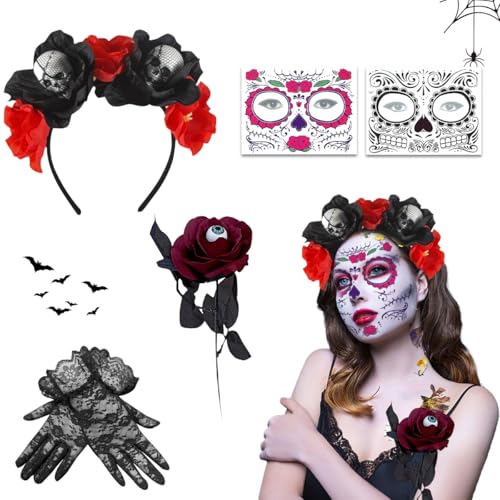XLZJYIJ Tag der Toten Haarreif Karneval, Dia de Los Muertos Stirnband mit Karneval Gesicht Tattoos Blumen Rose Spitzenhandschuhe, Mexikanische Stirnband Rosen, Kopfschmuck Karneval Damen von XLZJYIJ