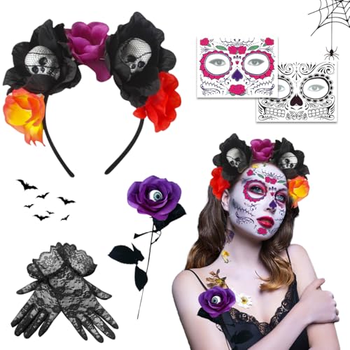 XLZJYIJ Tag der Toten Haarreif Karneval, Dia de Los Muertos Stirnband mit Karneval Gesicht Tattoos Blumen Rose Spitzenhandschuhe, Mexikanische Stirnband Rosen, Kopfschmuck Karneval Damen XLZJYIJ Tag der Toten Haarreif Karneval, Dia de Los Muertos Stirnband mit Karneval Gesicht Tattoos Blumen Rose Spitzenhandschuhe, Mexikanische Stirnband Rosen, Kopfschmuck Karneval Damen von XLZJYIJ