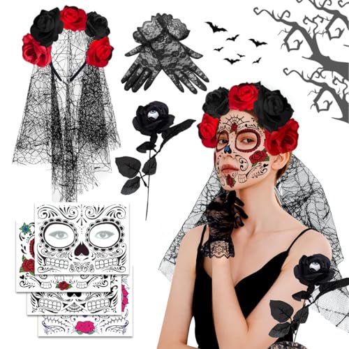 XLZJYIJ Tag der Toten Haarreif Halloween, Tag der Toten Schleier mit Halloween Gesicht Tattoos Blumen Rose Spitzenhandschuhe, Mexikanische Stirnband Rosen, Kopfschmuck Halloween Damen XLZJYIJ Tag der Toten Haarreif Halloween, Tag der Toten Schleier mit Halloween Gesicht Tattoos Blumen Rose Spitzenhandschuhe, Mexikanische Stirnband Rosen, Kopfschmuck Halloween Damen von XLZJYIJ