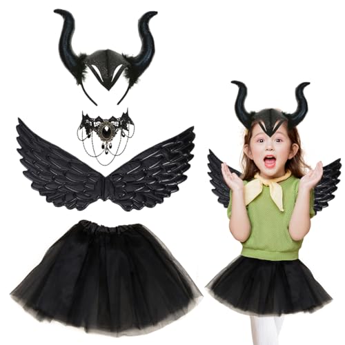 XLZJYIJ Königin Hörner Kostüm, 4 Stück Maleficent Kostüm Kinder mit Gothic Spitze Halskette Hörner Kopfschmuck Flügel, Teufel Kostüm Kinder, Halloween-Kostüme für Mädchen XLZJYIJ Königin Hörner Kostüm, 4 Stück Maleficent Kostüm Kinder mit Gothic Spitze Halskette Hörner Kopfschmuck Flügel, Teufel Kostüm Kinder, Halloween-Kostüme für Mädchen von XLZJYIJ