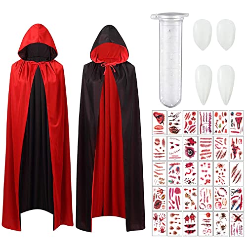 XLZJYIJ Umhang mit Kapuze, Karneval Umhang, Vampir Umhang, 90CM Unisex Kapuzenumhang Schwarz Rot Doppelseitig Karneval Kostüm für Kinder, 30x Temporäre Tattoos, 2X Vampirzähne XLZJYIJ Umhang mit Kapuze, Karneval Umhang, Vampir Umhang, 90CM Unisex Kapuzenumhang Schwarz Rot Doppelseitig Karneval Kostüm für Kinder, 30x Temporäre Tattoos, 2X Vampirzähne von XLZJYIJ