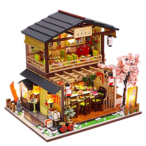 HEYANG DIY Japanese Style Sushi Shop Mini Dollhouse Wooden with Furniture Doll House Kits 3D Creative Gift Puzzle Toys (Dust Cover, Music Movement and LED Lights)… von XLZSP