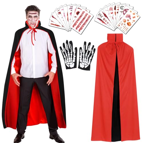 Vampir Umhang Halloween Vampir Kostüm Kinder Erwachsene, Vampire Cape Vampirumhang mit Kragen - Schwarz Rot Doppelseitig,Skelett Handschuhe,20 Temporäre Tattoos für Halloween Karneval Cosplay Vampir Umhang Halloween Vampir Kostüm Kinder Erwachsene, Vampire Cape Vampirumhang mit Kragen - Schwarz Rot Doppelseitig,Skelett Handschuhe,20 Temporäre Tattoos für Halloween Karneval Cosplay von XM-mengpanwei