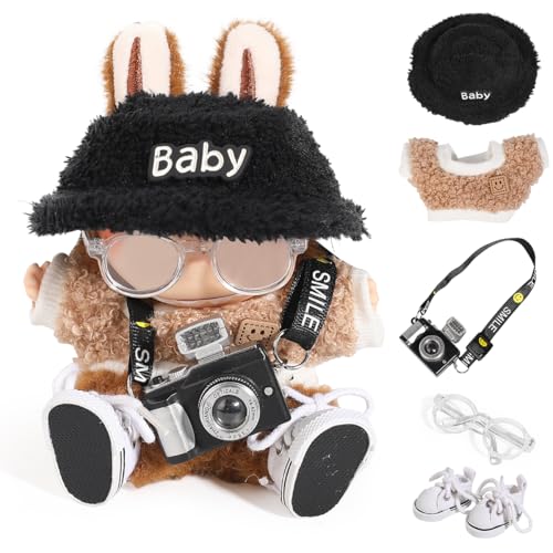 XMBYGY 5Satz Kleidung für LABUBU (für 17/15cm Stehend/Sitzen Puppe)(Keine Puppe)- Zubehör Bekleidung für Puppen Outfit Inklusive Süß Figuren Mantel+Samt Hut+Kamera+Brille+Schuhe von XMBYGY