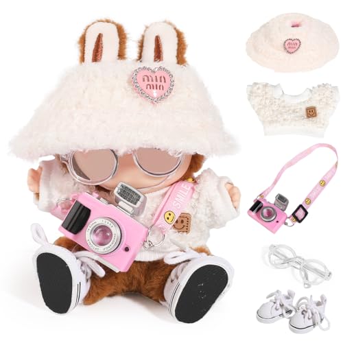 XMBYGY 5Satz Kleidung für LABUBU (für 17/15cm Stehend/Sitzen Puppe)(Keine Puppe)- Zubehör Bekleidung für Puppen Outfit Inklusive Süß Figuren Mantel+Samt Hut+Kamera+Brille+Schuhe von XMBYGY