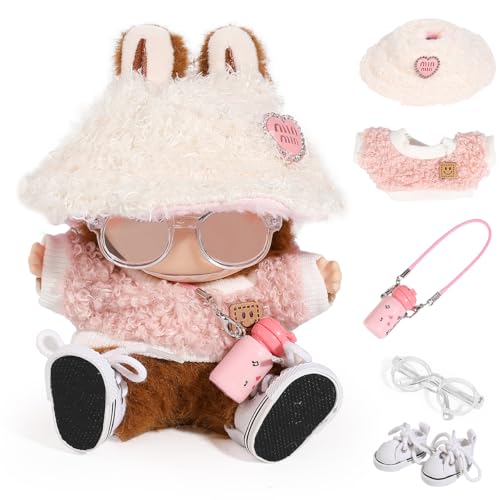 XMBYGY 5Satz Kleidung für LABUBU (für 17/15cm Stehend/Sitzen Puppe)(Keine Puppe)- Zubehör Bekleidung für Puppen Outfit Inklusive Süß Figuren Mantel+Samt Hut+Kleine Flasche+Brille+Schuhe von XMBYGY