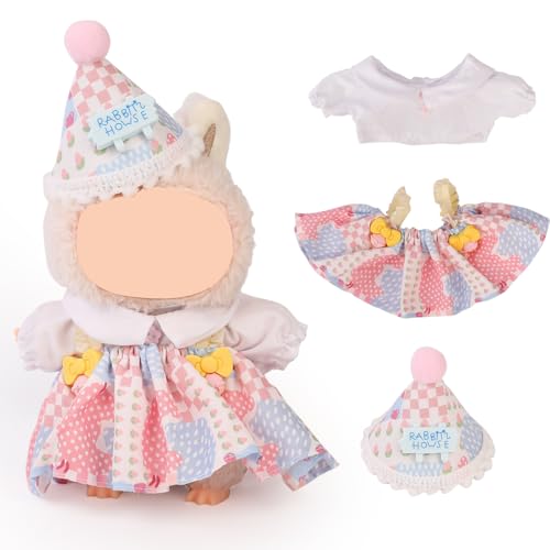 XMBYGY Puppen Bekleidung für Labubu(für 17/15cm Stehend/Sitzen Puppen) (Keine Puppe) - Mehrere Stil Zubehör Handgefertigte Kleidung Anziehen Inklusive Niedliche Kopfbekleidung und Rock (LB87) von XMBYGY