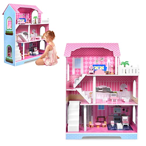 XMTECH Puppenhaus aus Holz Barbie Haus, mit Möbeln und Zubehör, Doll House Puppenvilla Dollhouse, Puppenstube Spielhaus Spielzeug Spielset mit DREI Spielebenen, für Mädchen Kinder Kinderzimmer, Typ B XMTECH Puppenhaus aus Holz Barbie Haus, mit Möbeln und Zubehör, Doll House Puppenvilla Dollhouse, Puppenstube Spielhaus Spielzeug Spielset mit DREI Spielebenen, für Mädchen Kinder Kinderzimmer, Typ B von XMTECH