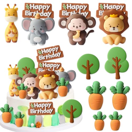 XNAUVOI Waldtiere Geburtstag Kuchen Topper, Tortendeko Tiere Figuren Safari, Dschungel Party Kuchen Dekoration Elefanten, Löwen, Affen, Giraffen Kuchen Dekoration für Kindergeburtstag von XNAUVOI