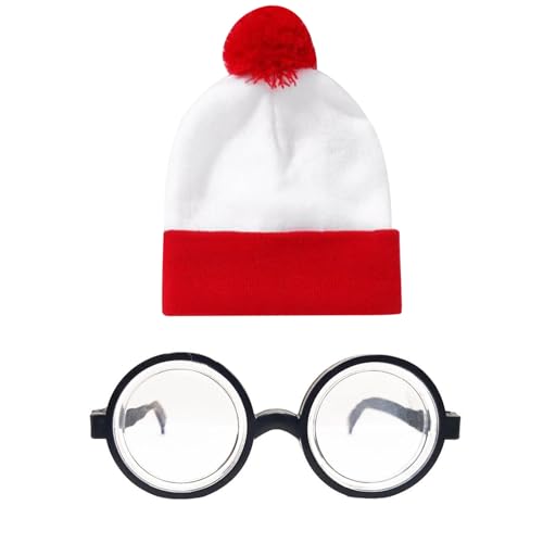 XNFUOE 2-teiliges Wally-Kostüm-Outfit-Set, rot und weiß, gestreift, Beanie-Mütze, Nerd-Brille, für Welttag des Buches, Halloween, Weihnachten XNFUOE 2-teiliges Wally-Kostüm-Outfit-Set, rot und weiß, gestreift, Beanie-Mütze, Nerd-Brille, für Welttag des Buches, Halloween, Weihnachten von XNFUOE