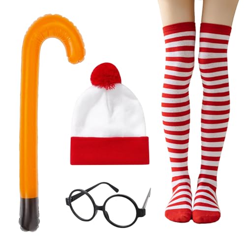 XNFUOE 4-teiliges rot-weiß gestreiftes Zubehör-Set, Beanie-Mütze, Nerd-Brille, Socken, aufblasbarer Gehstock für Männer und Frauen, Welttag des Buches, Halloween XNFUOE 4-teiliges rot-weiß gestreiftes Zubehör-Set, Beanie-Mütze, Nerd-Brille, Socken, aufblasbarer Gehstock für Männer und Frauen, Welttag des Buches, Halloween von XNFUOE