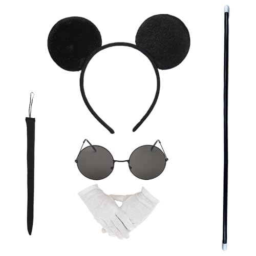 XNFUOE 5-teiliges Maus-Kostüm-Zubehör-Set, blinde Mäuse, Stirnband, schwarze Brille, Schwanz, Blindstöcke, Handschuhe für Damen und Herren, Halloween-Partyzubehör XNFUOE 5-teiliges Maus-Kostüm-Zubehör-Set, blinde Mäuse, Stirnband, schwarze Brille, Schwanz, Blindstöcke, Handschuhe für Damen und Herren, Halloween-Partyzubehör von XNFUOE