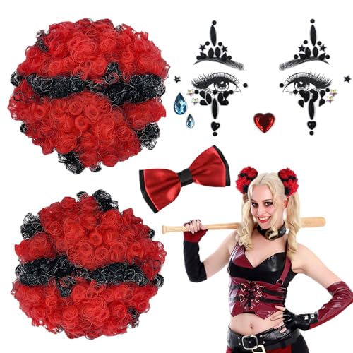 XNFUOE Clown-Kostüm-Zubehör-Set für Damen, schwarz, rot, Clown-Perücken, Fliege, temporäres Gesichtstattoo für Halloween, Karneval, Cosplay, Party, 4 Stück XNFUOE Clown-Kostüm-Zubehör-Set für Damen, schwarz, rot, Clown-Perücken, Fliege, temporäres Gesichtstattoo für Halloween, Karneval, Cosplay, Party, 4 Stück von XNFUOE