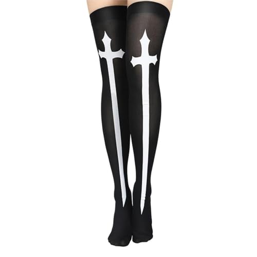 XNFUOE Cosplay Gothic Socken Nonne Strümpfe mit Kreuzdruck Nonne Halloween Kostüm für Halloween Party Cosplay (schwarz) von XNFUOE