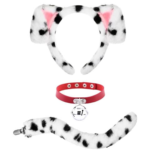 XNFUOE Dalmatiner-Ohren Stirnband Schwanz Choker Set Welpe Hund Kostüm für Karneval Welttag Tier Cosplay Party von XNFUOE