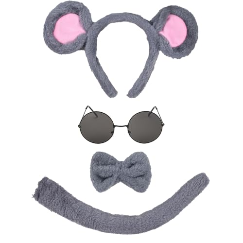 XNFUOE Halloween-Maus-Kostüm-Zubehör, Maus-Ohren, Stirnband, Schwanz, Fliege, Sonnenbrille für Cosplay, Halloween, Party-Zubehör, 4 Stück XNFUOE Halloween-Maus-Kostüm-Zubehör, Maus-Ohren, Stirnband, Schwanz, Fliege, Sonnenbrille für Cosplay, Halloween, Party-Zubehör, 4 Stück von XNFUOE