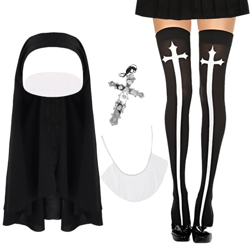 XNFUOE Nonnen-Kostüm-Set, Nonnenhut, Kragen, Kreuzanhänger, kniehohe Socken für Damen, Mädchen, Cosplay, Karneval, Halloween, Welttag des Buches, 4 Stück XNFUOE Nonnen-Kostüm-Set, Nonnenhut, Kragen, Kreuzanhänger, kniehohe Socken für Damen, Mädchen, Cosplay, Karneval, Halloween, Welttag des Buches, 4 Stück von XNFUOE