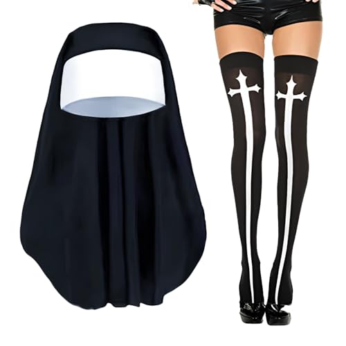 XNFUOE Nonnen-Kostüme für Damen, Halloween, Nonne, Kopfbedeckung, kniehohe Socken für Erwachsene, religiöses Kostüm, 2 Stück XNFUOE Nonnen-Kostüme für Damen, Halloween, Nonne, Kopfbedeckung, kniehohe Socken für Erwachsene, religiöses Kostüm, 2 Stück von XNFUOE