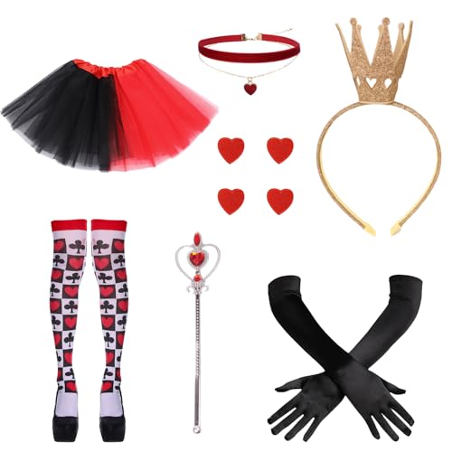 XNHIU 10 Stück Mädchen Herz Königin Kostüm Zepter Zauberstab Rot Choker Tutu Rock Socken Herz Patch Handschuh Stirnband Halloween Queen Kostüm Zubehör für Erwachsene Frauen Mädchen XNHIU 10 Stück Mädchen Herz Königin Kostüm Zepter Zauberstab Rot Choker Tutu Rock Socken Herz Patch Handschuh Stirnband Halloween Queen Kostüm Zubehör für Erwachsene Frauen Mädchen von XNHIU