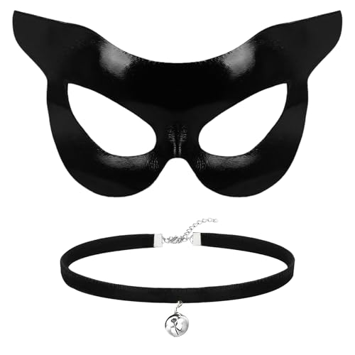 XNHIU 2 Stück Damen-Katzenmaske und Halsband, schwarz, halbes Gesicht, Katzenmaske, Halloween-Katzen-Kostüm, Zubehör, Halloween-Maskerade-Requisiten für Frauen XNHIU 2 Stück Damen-Katzenmaske und Halsband, schwarz, halbes Gesicht, Katzenmaske, Halloween-Katzen-Kostüm, Zubehör, Halloween-Maskerade-Requisiten für Frauen von XNHIU
