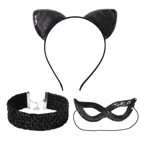 XNHIU 3pcs Schwarze Katze Kostüm Zubehör Pailletten Katzenohren Stirnband Maske Choker Halskette Halloween Cosplay Party Zubehör Tier Zubehör für Erwachsene XNHIU 3pcs Schwarze Katze Kostüm Zubehör Pailletten Katzenohren Stirnband Maske Choker Halskette Halloween Cosplay Party Zubehör Tier Zubehör für Erwachsene von XNHIU