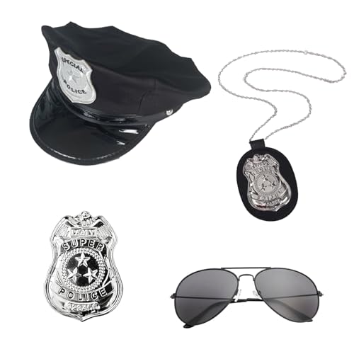 XNHIU 4-teiliges Polizei-Kostüm-Set, Polizeihut, Halskette, Abzeichen, Sonnenbrille, Erwachsene, Cosplay, Polizistin, Kostüm, Zubehör für Halloween, Verkleidung XNHIU 4-teiliges Polizei-Kostüm-Set, Polizeihut, Halskette, Abzeichen, Sonnenbrille, Erwachsene, Cosplay, Polizistin, Kostüm, Zubehör für Halloween, Verkleidung von XNHIU